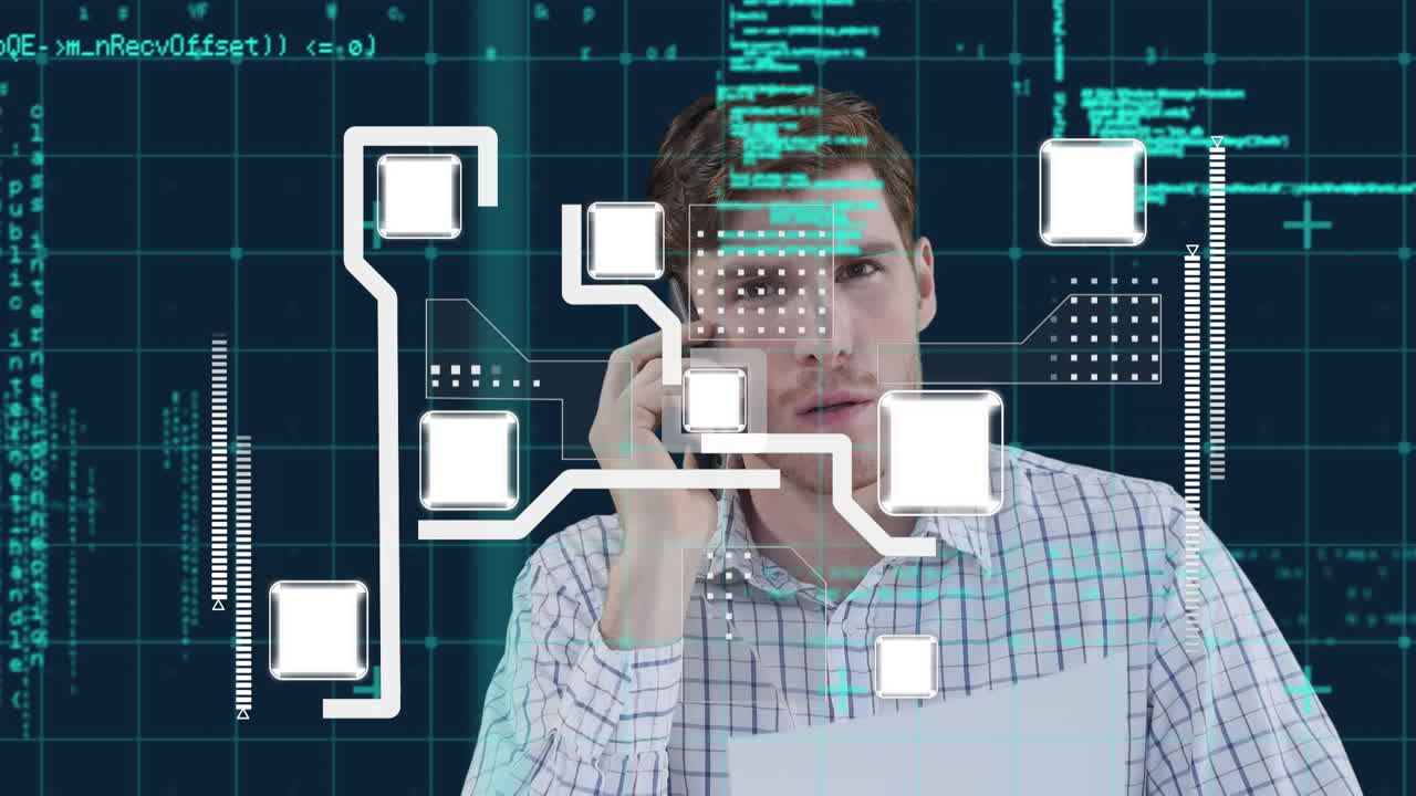 animación de procesamiento de datos y hombre de negocios caucásico hablando en el teléfono inteligente sobre la faja