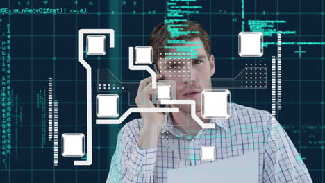 animación de procesamiento de datos y hombre de negocios caucásico hablando en el teléfono inteligente sobre la faja