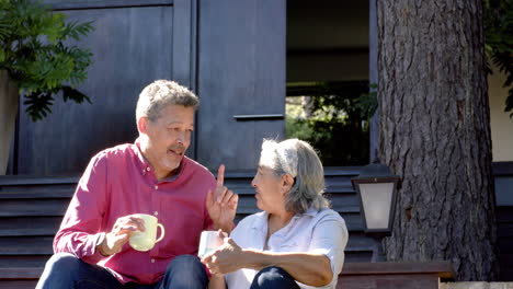 Feliz-Pareja-Birracial-De-Ancianos-Sentada-Y-Bebiendo-Té-En-El-Soleado-Jardín