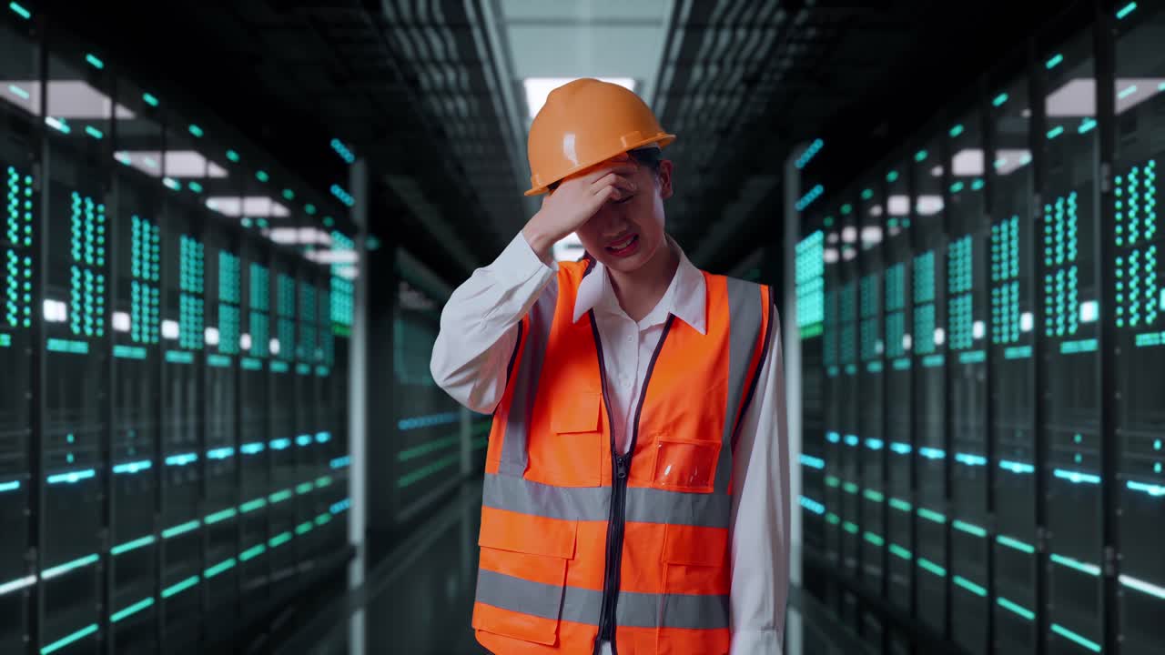 Asiatische Ingenieurin mit Schutzhelm, die bei der Arbeit in einem Rechenzentrum Kopfschmerzen hat.