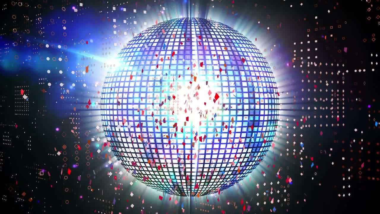 赤,白,青のコンフェッティのアニメーションが黒い背景で回転する鏡のボールの上に落ちる