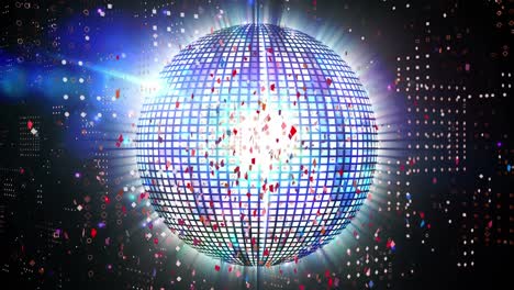 animation of red, white and blue confetti falling over mirror ball turning on black background