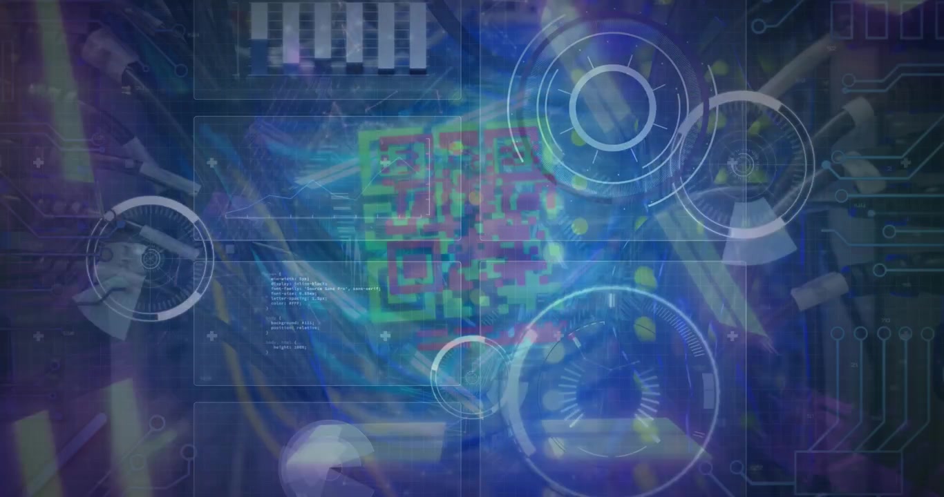 Animation of data processing and scopes columns over server room