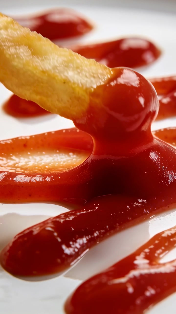 Patatina fritta che si immerge nel ketchup su un piatto, sollevando e allungando la salsa lucida per marketing alimentare