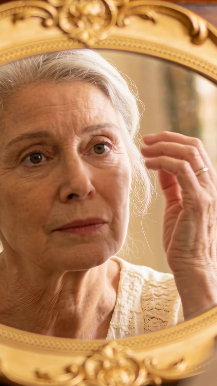 Video verticale: Controllando uno specchio dorato, una persona anziana che si sistema l'orecchio e si liscia i capelli davanti a una toeletta, indossando un top in maglia