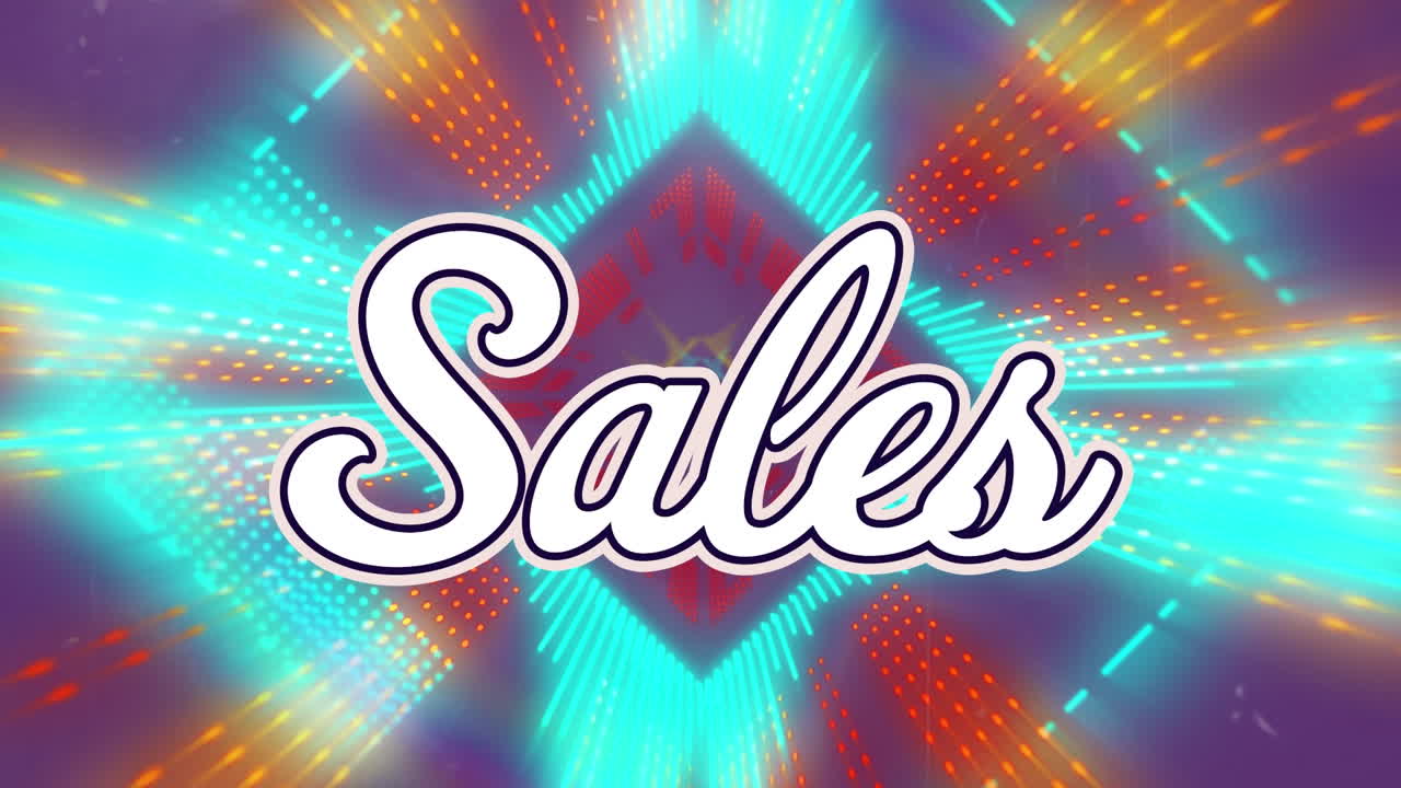 디지털 판매 텍스트의 애니메이션은 밝은 다채로운 사각형 모양을 가리킨다.