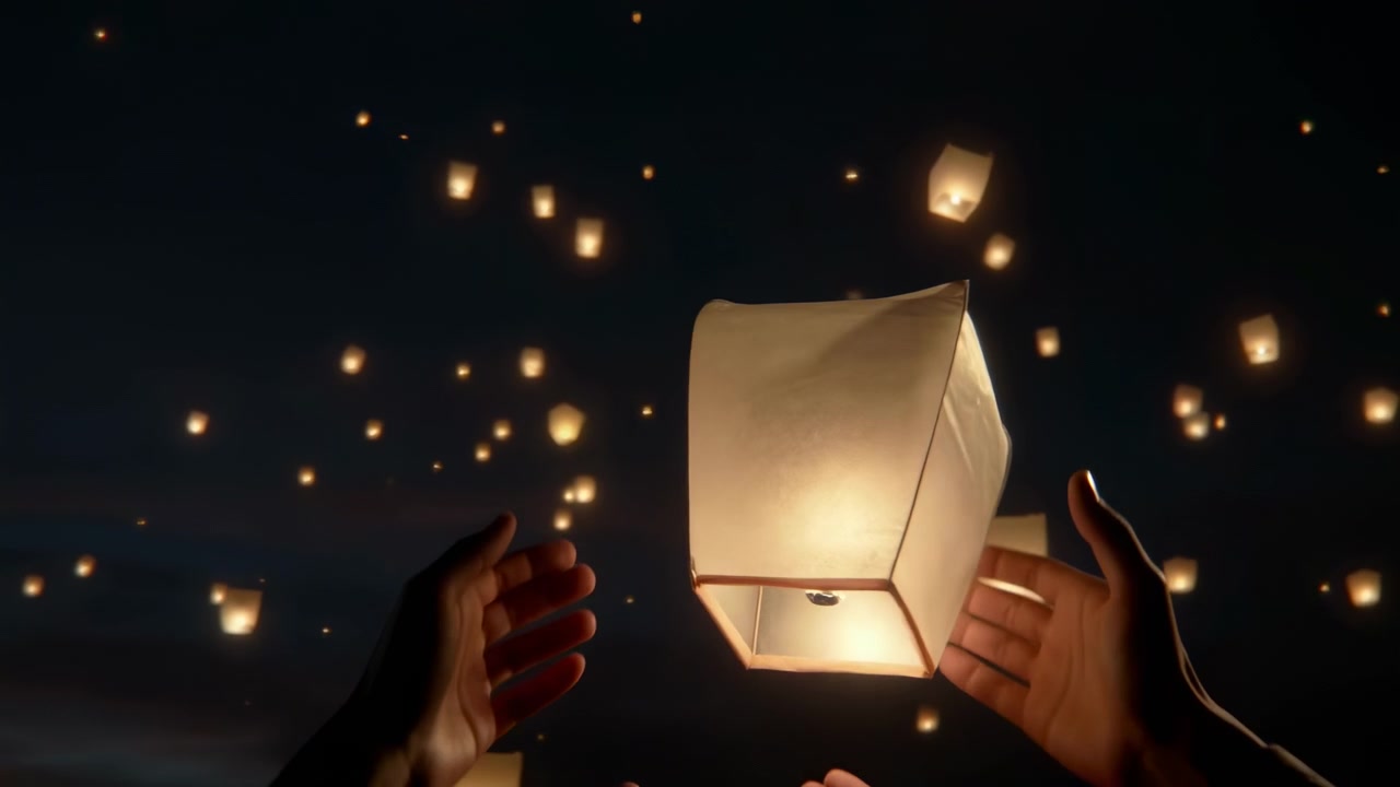 Una calda lanterna di carta si solleva da mani tese e ascende attraverso un cielo scuro e aperto, unendosi a numerose lanterne che brillano delicatamente sparse sullo sfondo di notte