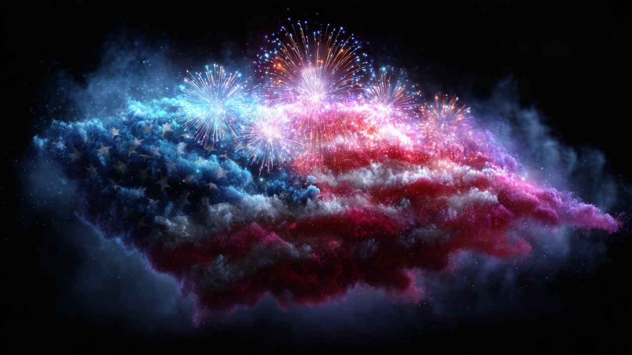 A Captivating Display of Colorful Fireworks Over an American Flag Cloud Formation, Celebrating Freedom and Patriotism in a Stunning Visual Spectacle