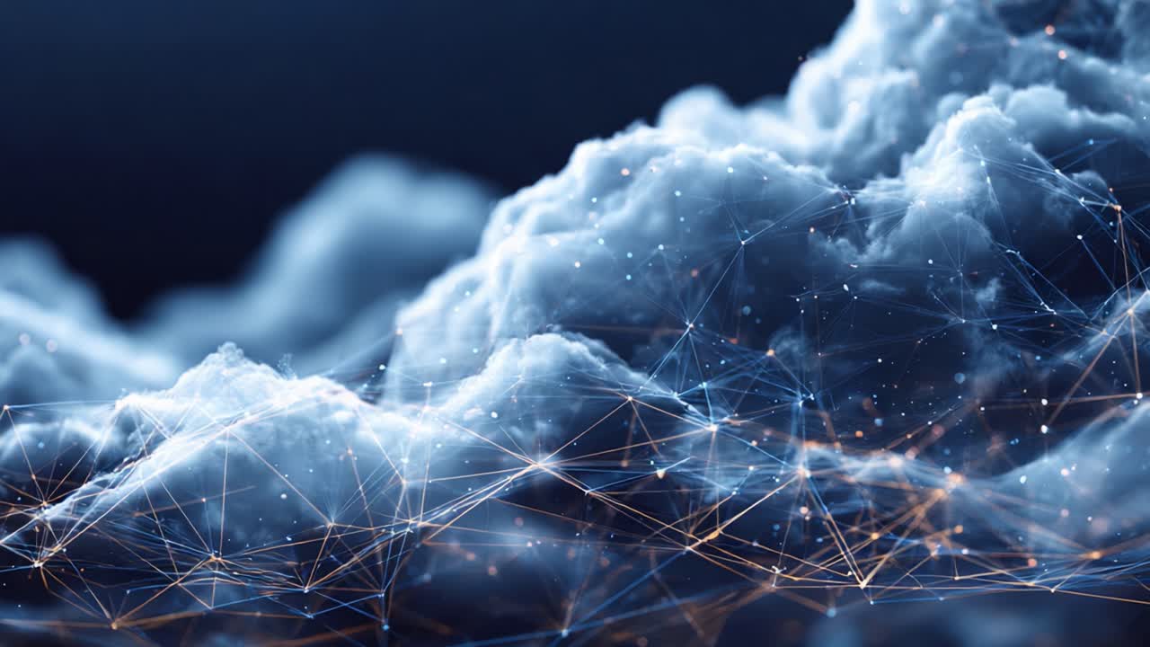 An Ethereal Representation of Clouds Featuring Intricate Networks of Light and Data Connections, Illustrating the Fusion of Nature and Technology