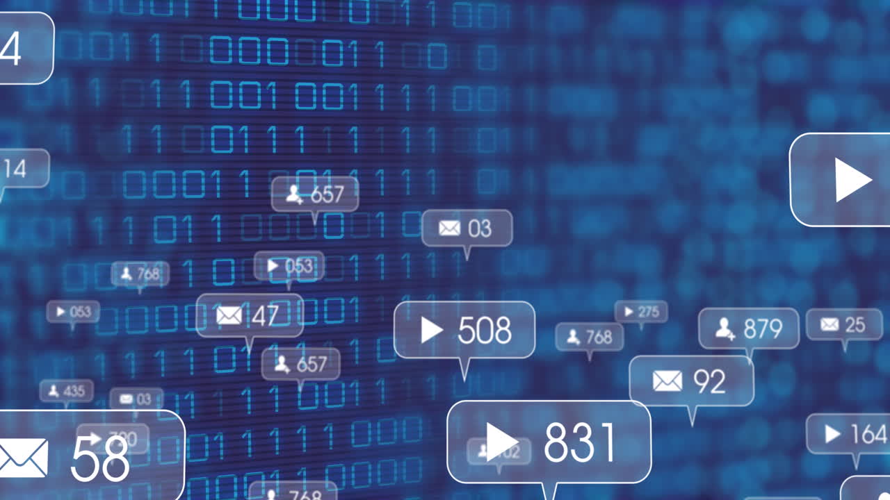 Animation of icons, changing numbers in notification bars over binary codes against blue background