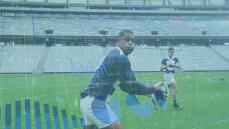 animación del procesamiento de datos sobre jugadores de rugby durante un partido de rugby en un estadio deportivo