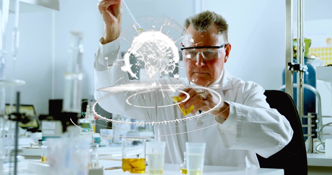 Senior laboratorieforsker pipetterer et gult hetteglass, skaper holografisk globus og HUD-ringer, overvåker overføring.