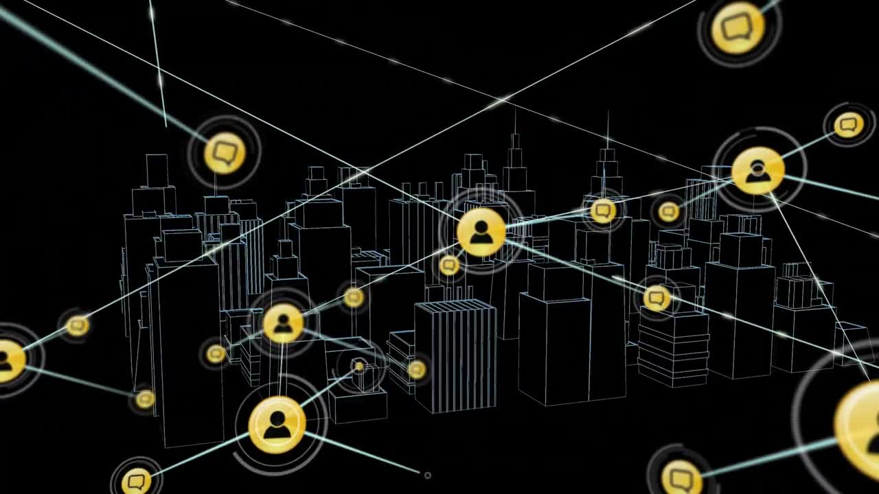 Animazione di rete di connessioni con icone su disegno di città 3D