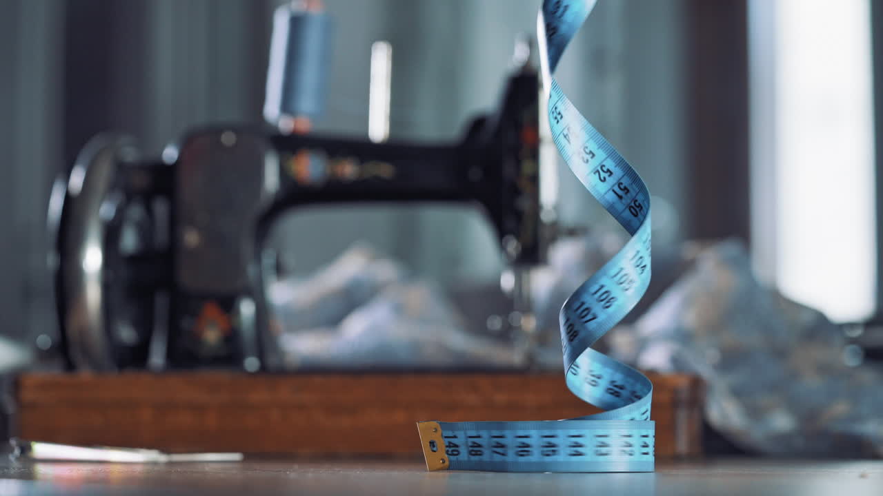 Seamstress is taking up blue tape measure on the background of sewing machine. Fingers of a young female designer rising the blue roulette from the table.