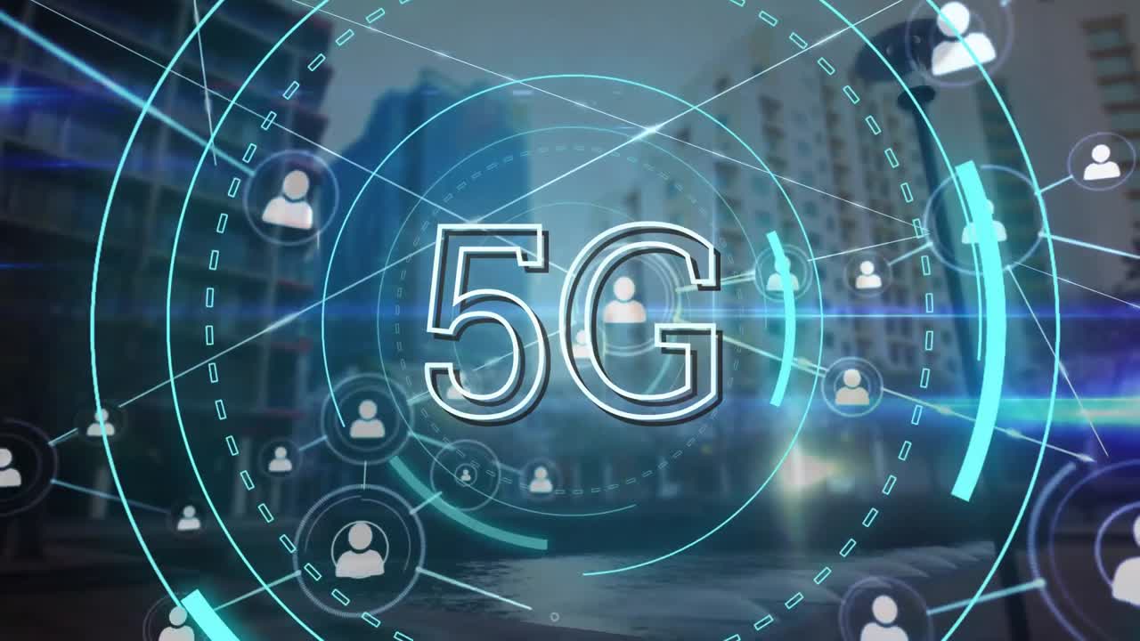 animazione della scansione di testo 5g, rete di connessioni su cityscape