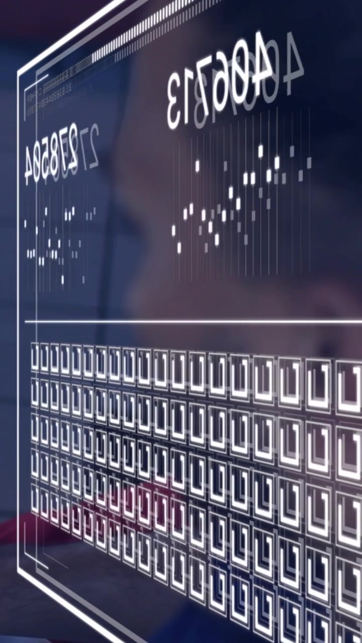 Vertical video: Man watching tech UI sliding left and updating numeric panels for data monitoring
