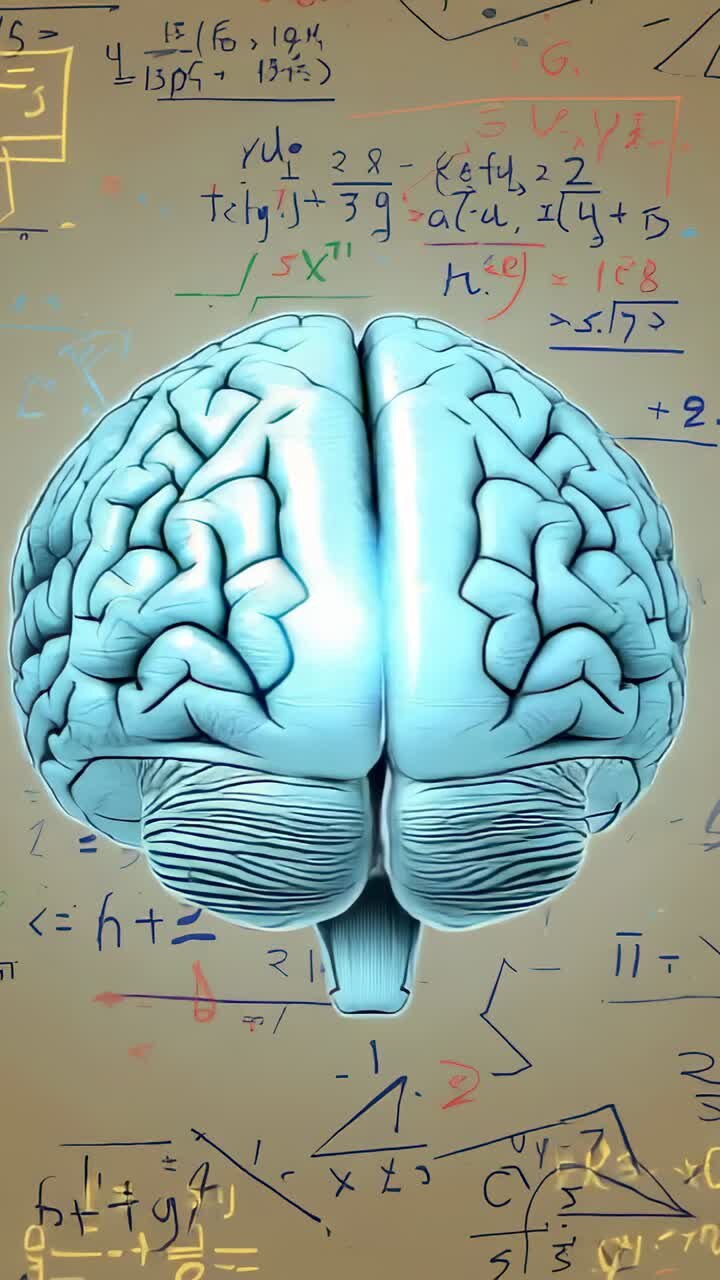 Vertical video: Scene loading cyan-blue 3D brain model rotating on axis at formula board