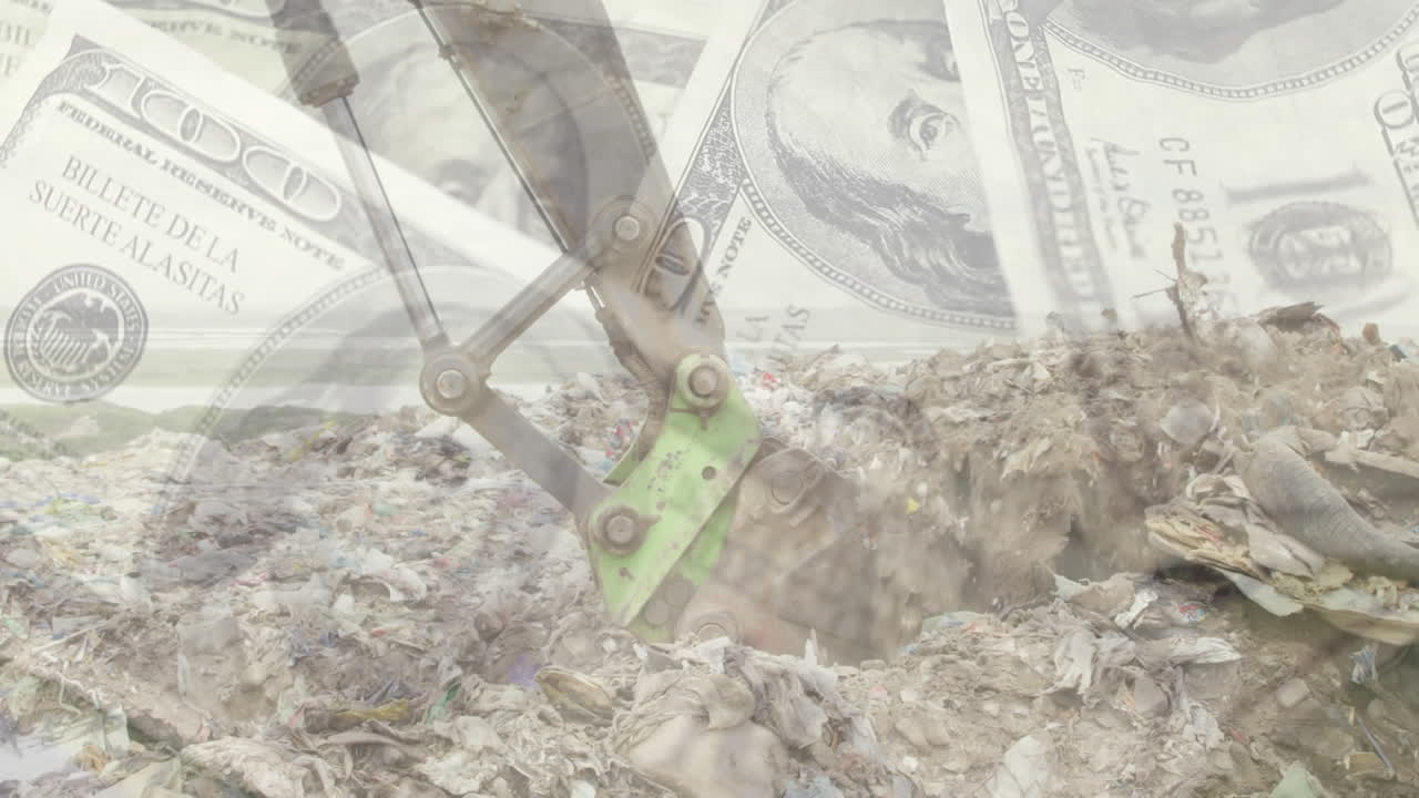 billetes de dólares estadounidenses sobre excavador en el sitio de eliminación de basura