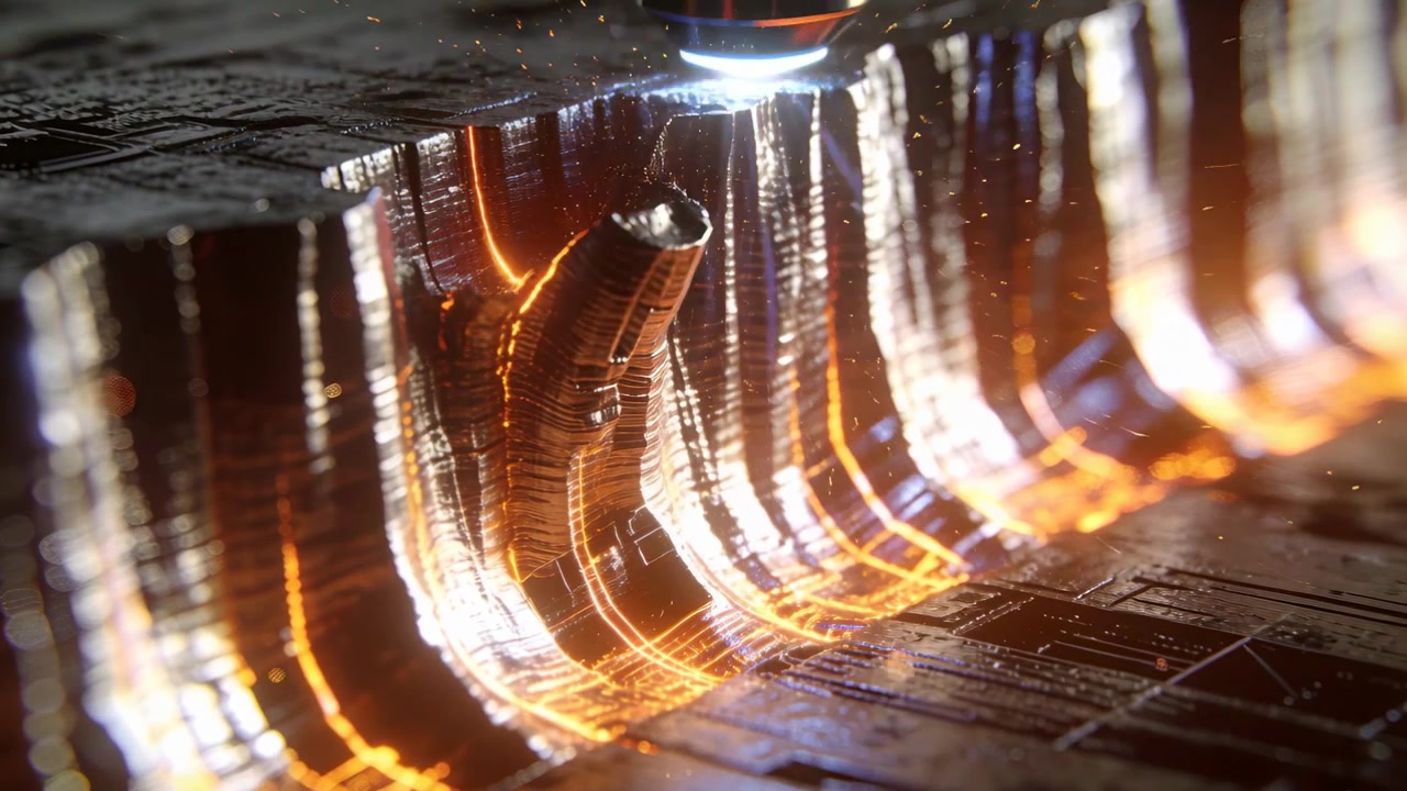 Torche de contact produisant un arc électrique sur une pièce métallique gravée dans une cellule de machine, formant une protubérance pour la découpe.