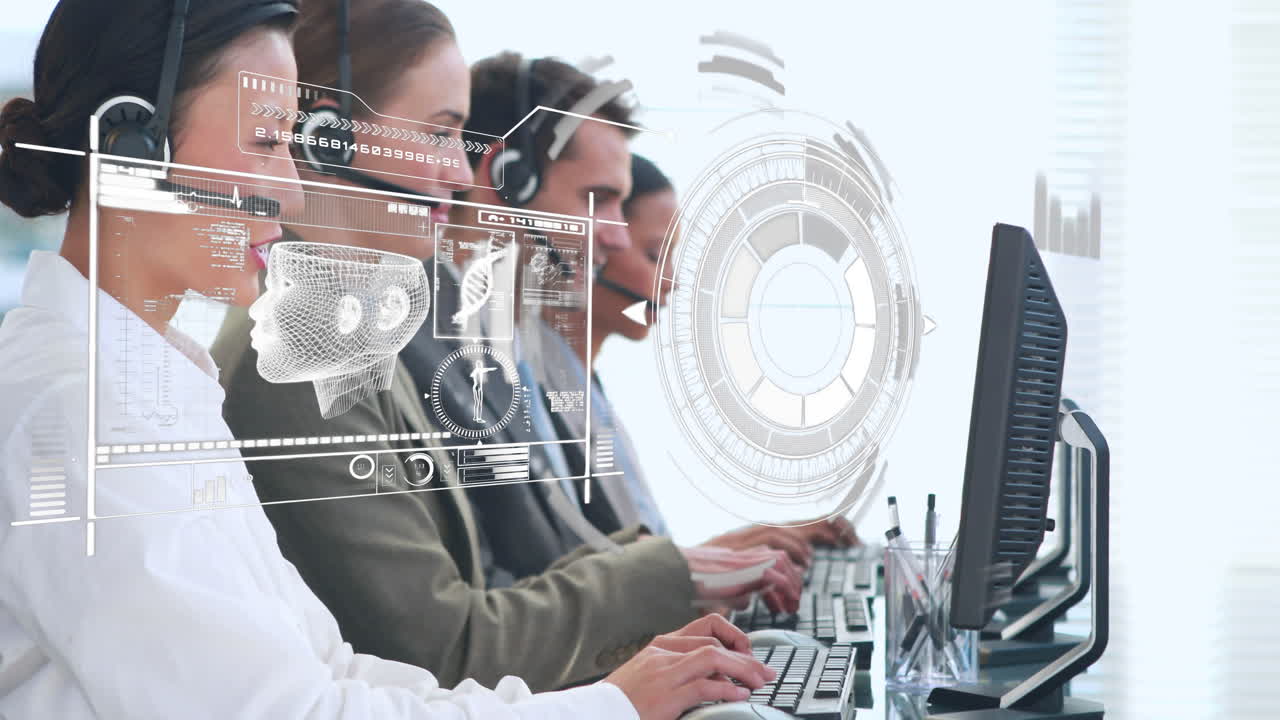 animación de la red de conexiones sobre felices trabajadores de oficina diversos que usan auriculares