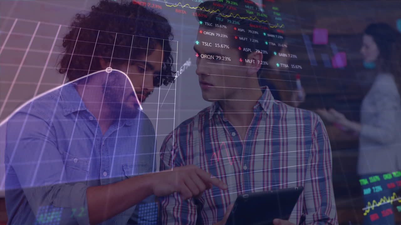 Animation of trading boards and graphs over diverse coworkers discussing reports on digital tablet