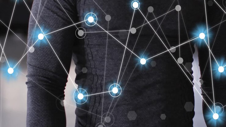 Animation of network of connections over african american man exercising in gym