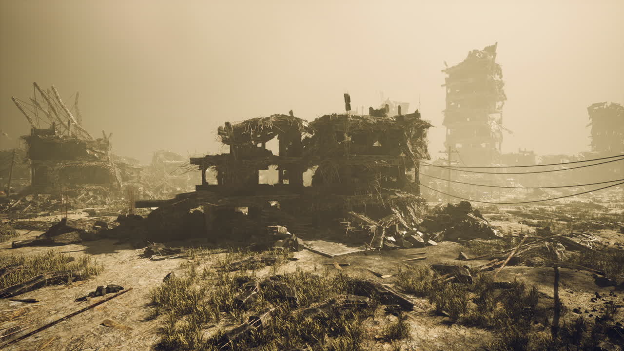 Ruined city after a devastating event, with overgrown vegetation and buildings in ruins