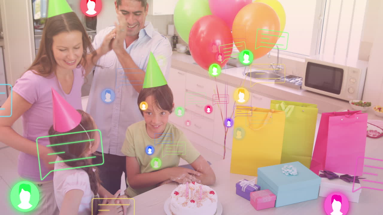 함께 시간을 보내는 행복한 백인 가족 위에 떨어지는 아이콘의 애니메이션