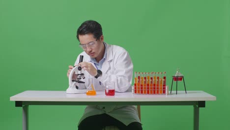 asian man scientist thinking, looking around, and raising index finger while looking through a microscope on the table with test tube in the green screen background laboratory