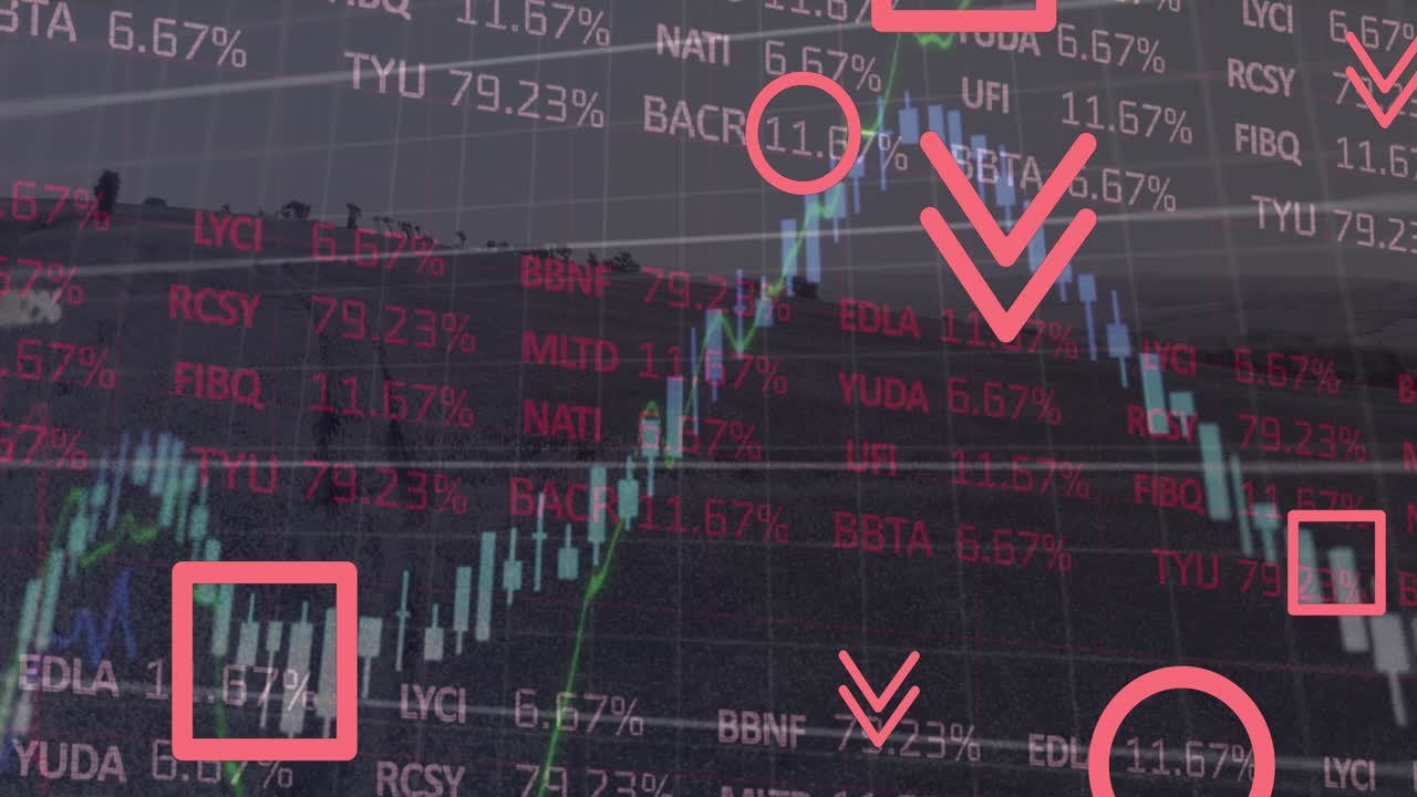 추상적인 기호가 주식 시장 데이터 처리를 통해 풀에 떨어지는 애니메이션