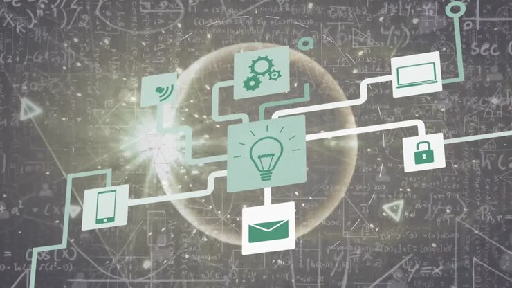 Animation of flow chart of icons, globe and lens flare over mathematical equations in background