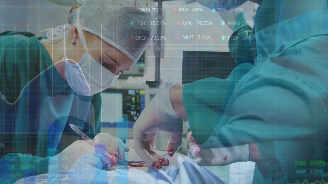 병원에서 수술을 하는 남성과 여성 외과 의사에 대한 주식 시장 데이터 처리