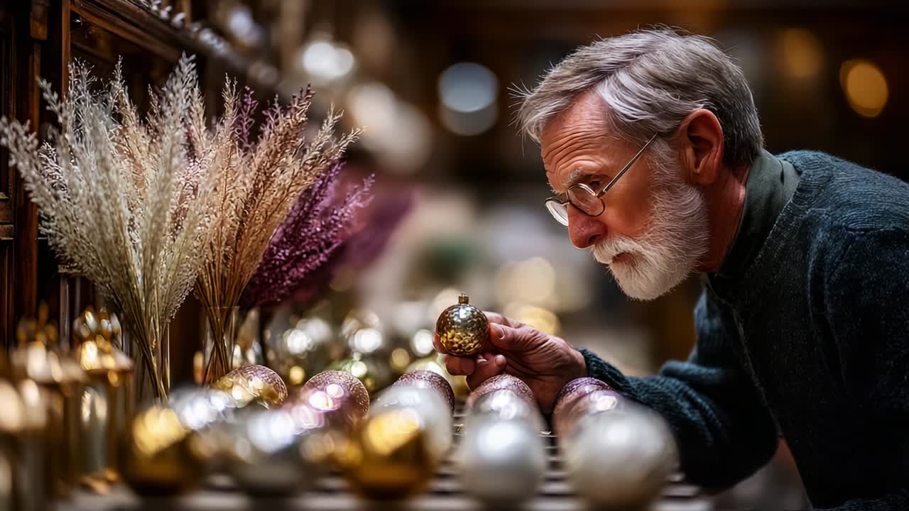 Close-up of a Senior Man Intently Examining a Decorative Ornament Surrounded by Glimmering Baubles and Dried Botanicals in a Cozy, Warm Environment, Capturing the Essence of Holiday Preparation and Craftsmanship