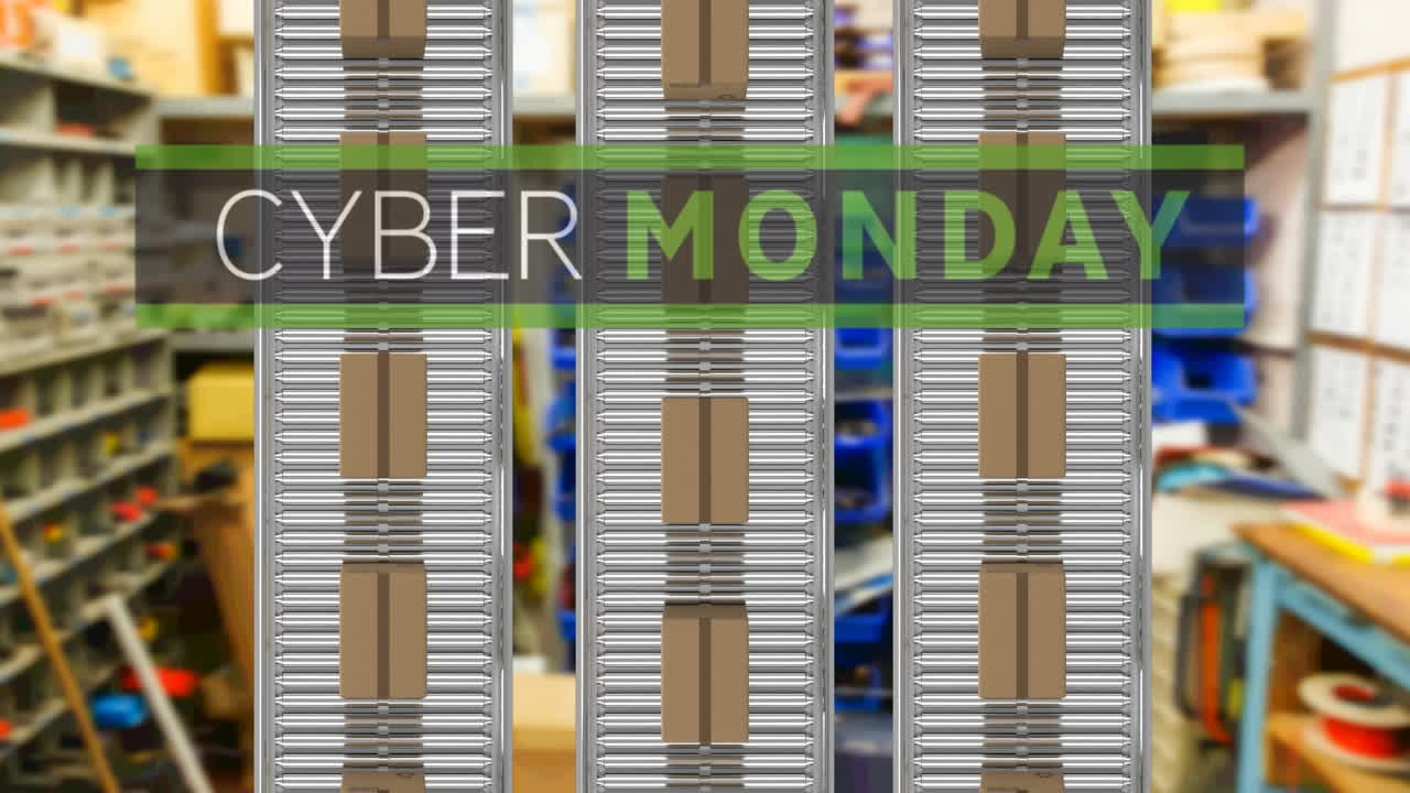 Cyber monday text banner over multiple delivery boxes on conveyer belt against factory