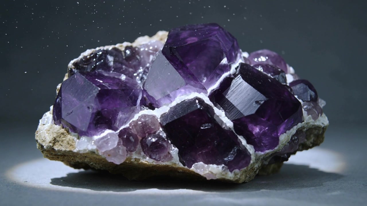 La telecamera si sposta, rivelando una geode di ametista in mostra sotto la luce, con bagliori che si muovono e mostrano la struttura.