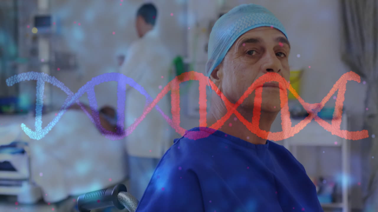 Animation of dna strand over caucasian male surgeon