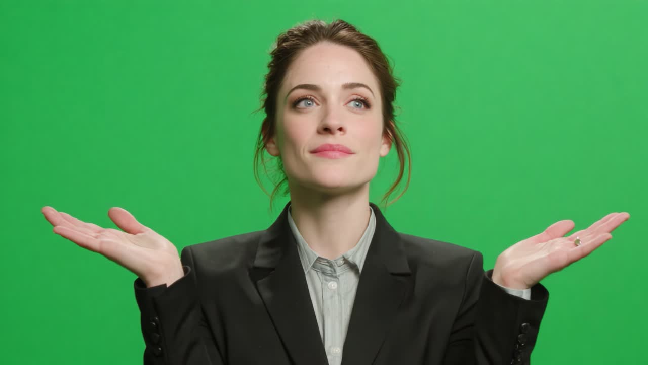 A Professional Woman in a Black Suit with an Expression of Indecision Against a Green Background, Holding Her Hands Open in a Gesture of Uncertainty