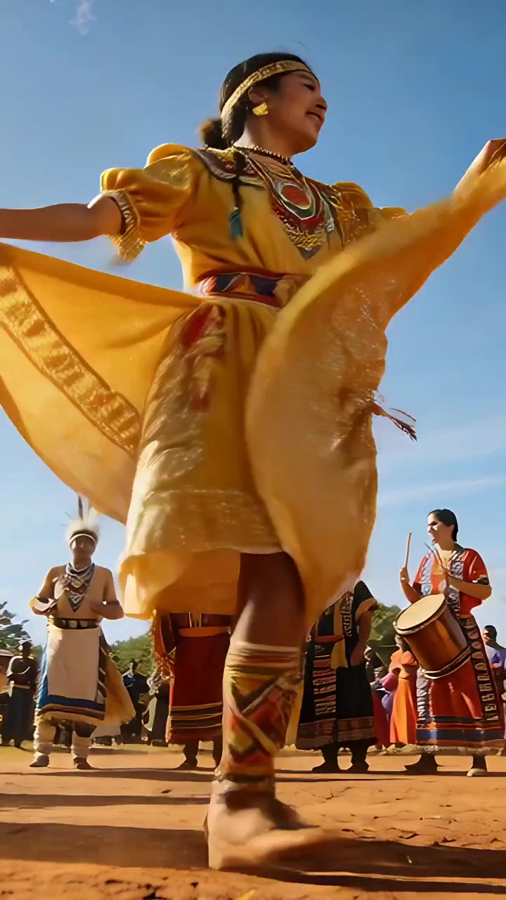 Video vertikal: Penari berputar mengenakan gaun kuning mengikuti irama tabuhan drum, mengangkat rok di tanah berdebu, dengan drum.