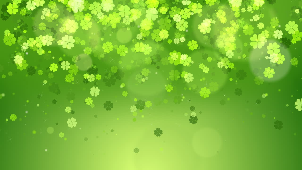 Shamrock St. Patrick's Day green leaves loop background. Backdrop with growing shamrock leaf. Copy text.