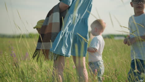 a back view of a woman in a flowing blue gown standing in a lush grass field with her two young sons, both wearing white shirts. the woman holds a basket, while one of the boys looks around curiously