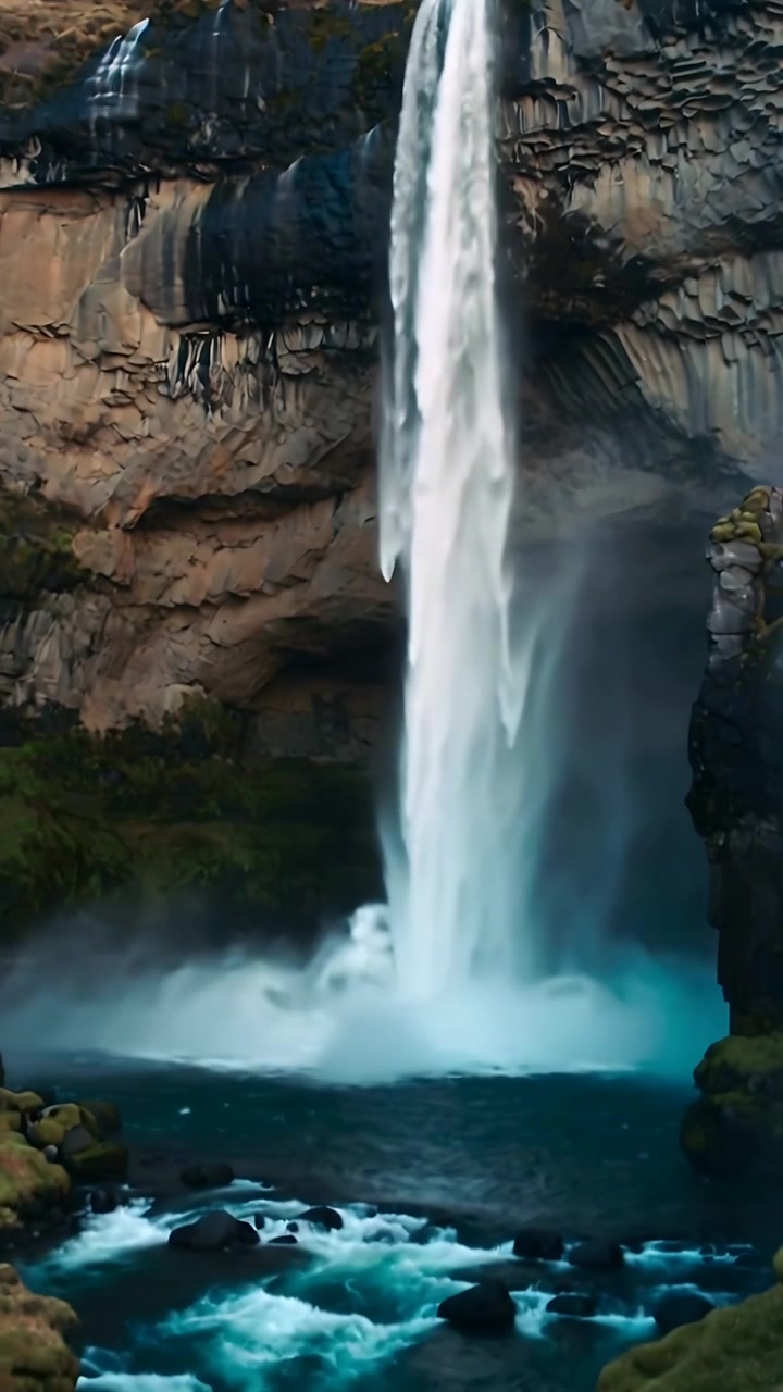 Video verticale: Stretta cascata che si riversa da una scogliera, inviando spruzzi in una pozza che agita il canale in una gola