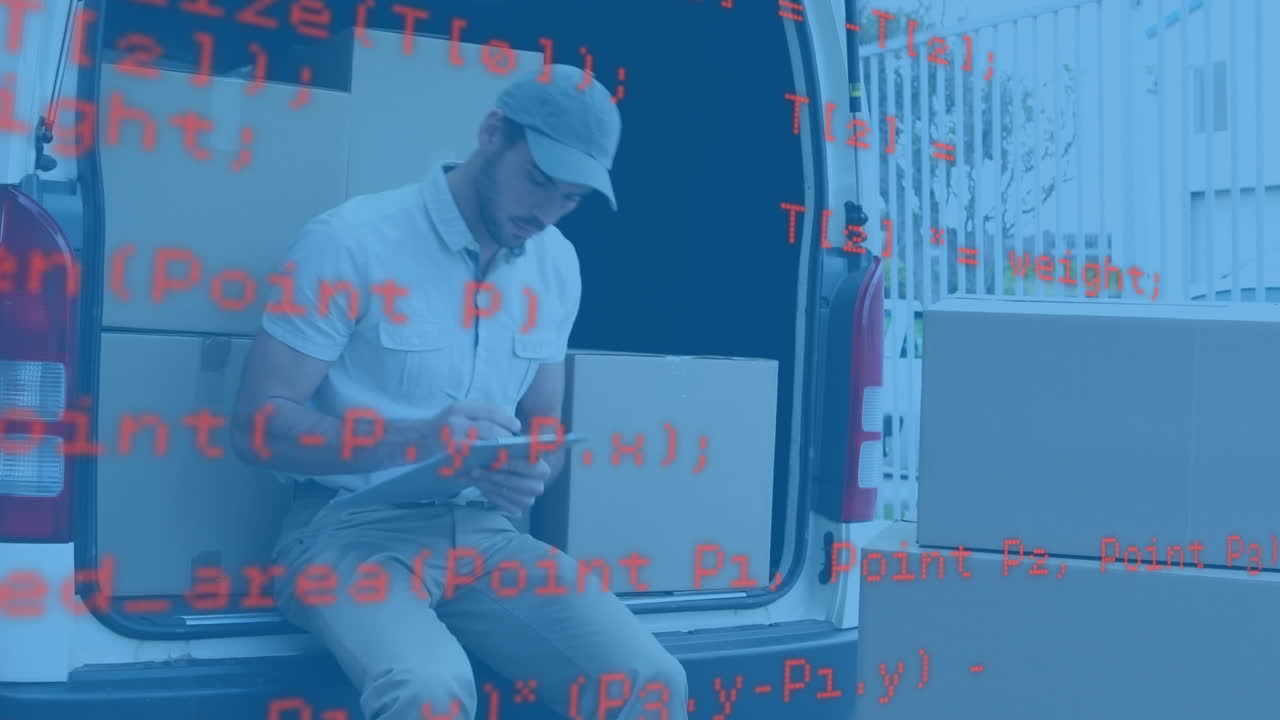 procesamiento de datos contra el retrato del repartidor caucásico escribiendo en el clipboard sentado en una furgoneta