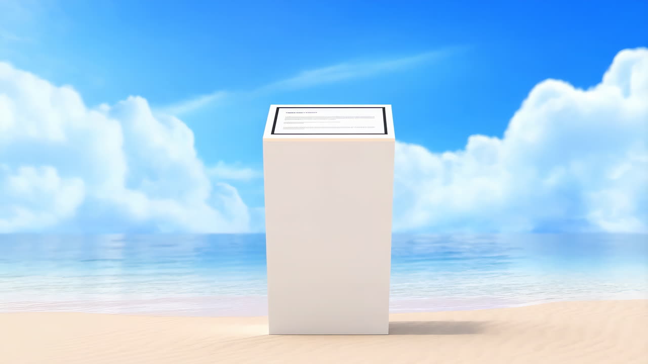 Digital Kiosk on a Tropical Beach with Blue Sky and Ocean