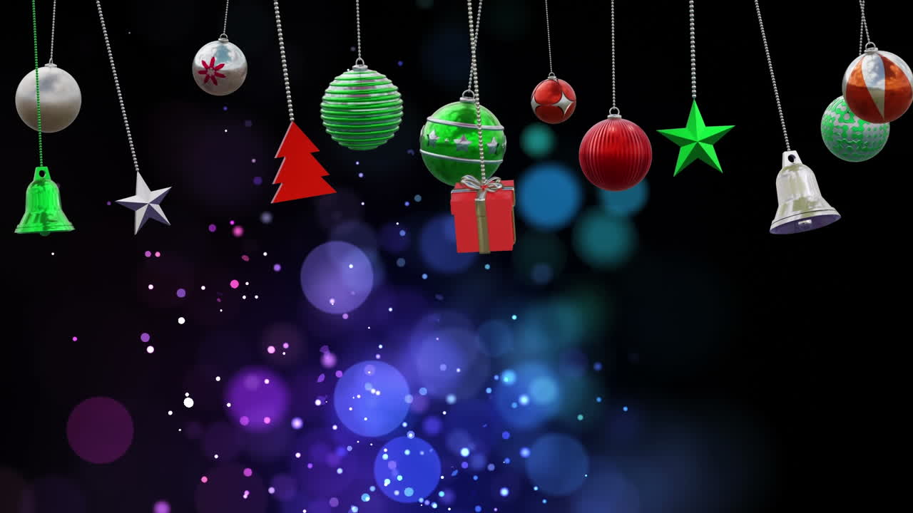 크리스마스 볼과 파란색 배경에 내리는 눈의 애니메이션
