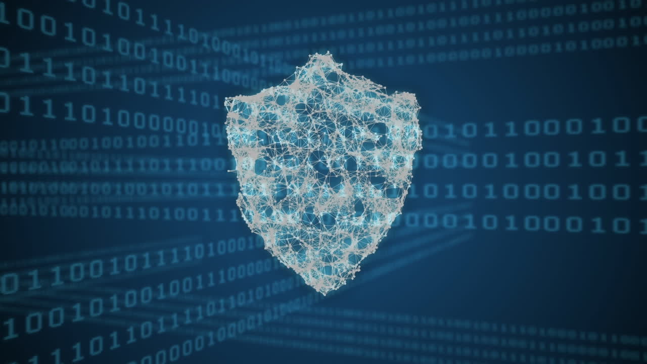 animazione della rete di connessioni con scudo di sicurezza su codifica binaria su sfondo scuro