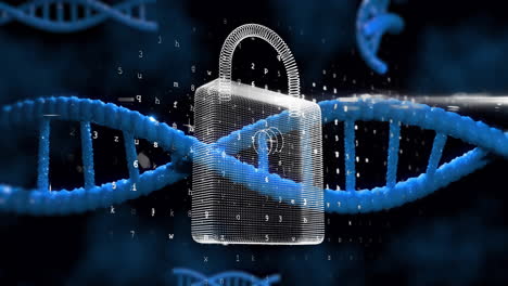 animation of dna strand, scientific data processing over padlock