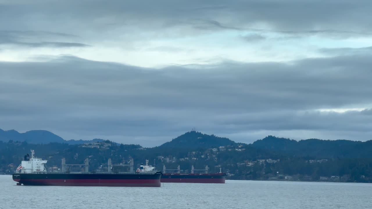 화물 선박은 밴쿠버 섬에서 평화롭게 정박했습니다.