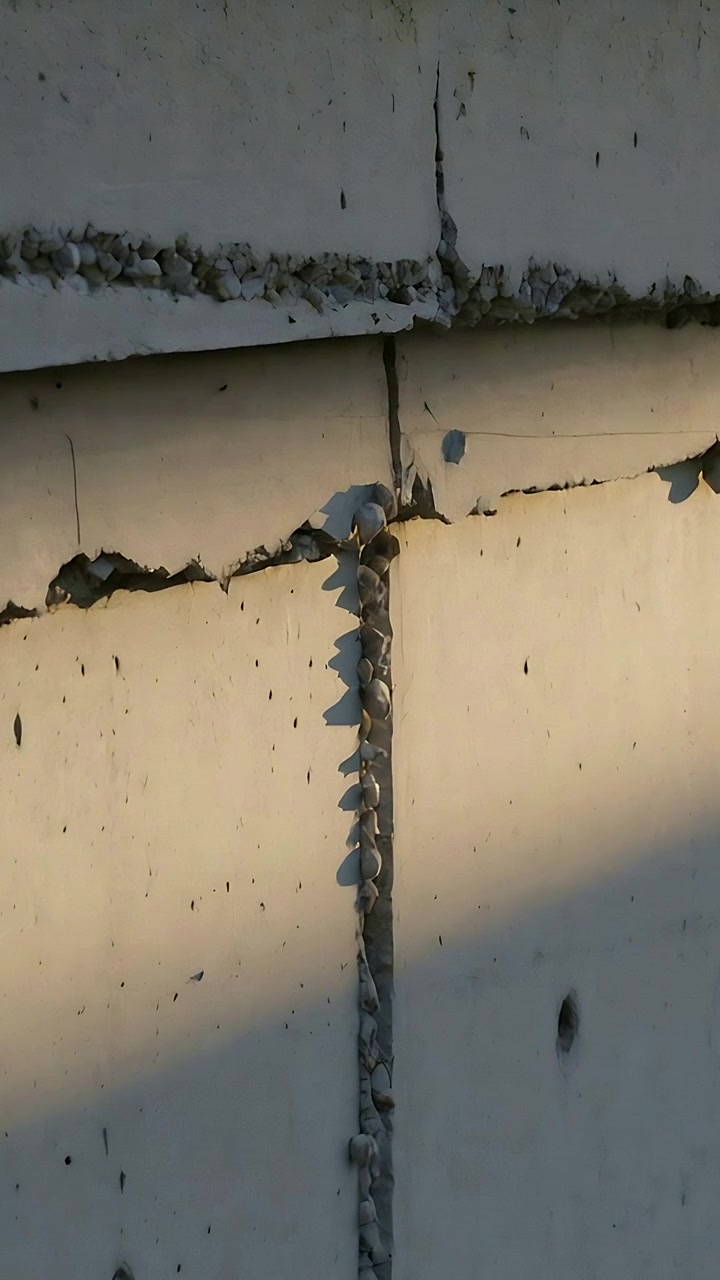 Video verticale: Telecamera in movimento che rivela un giunto verticale su un pannello di cemento con fori in una fascia illuminata dal sole.