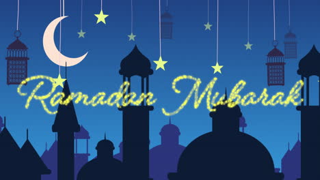 brillante ramadán mubarak saludando con mezquitas y linternas con luna y estrellas