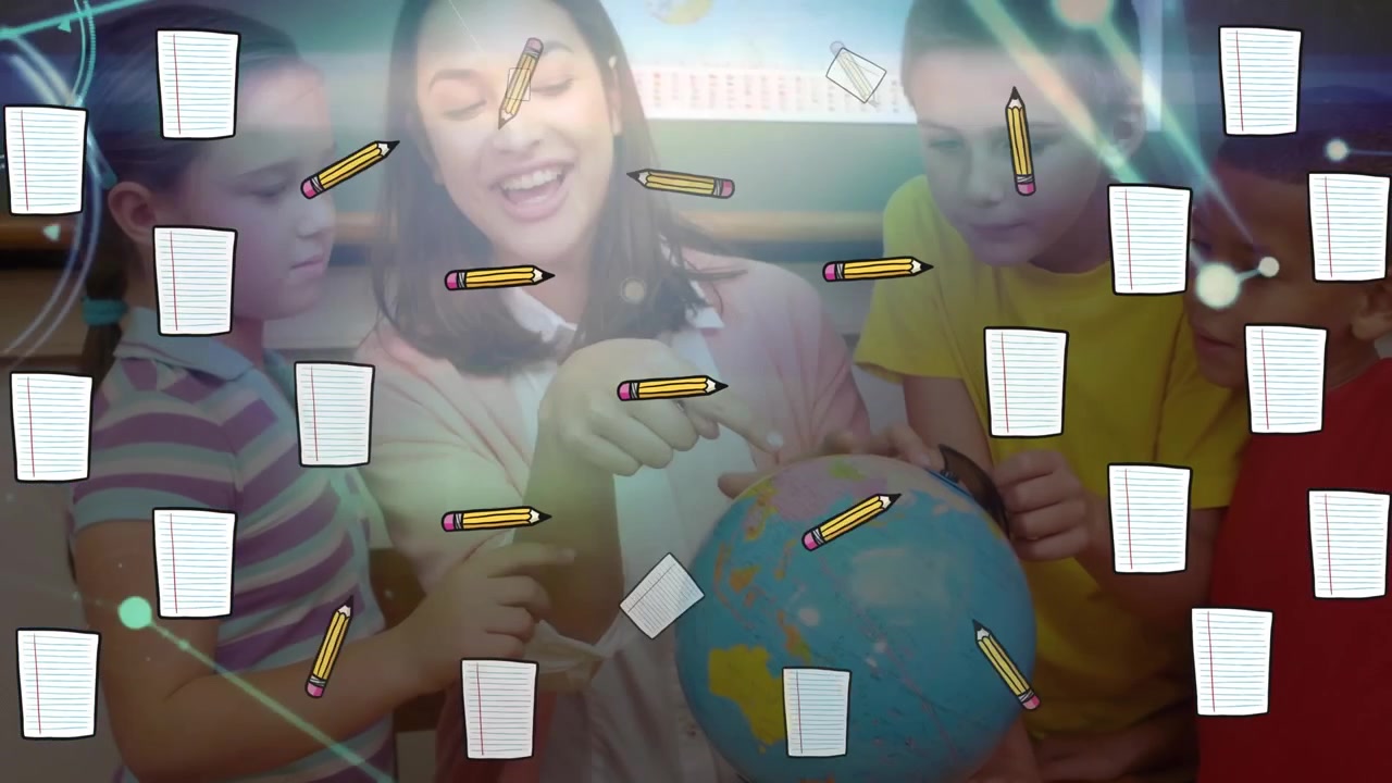 Animation of school items icons over diverse schoolchildren learning with teacher